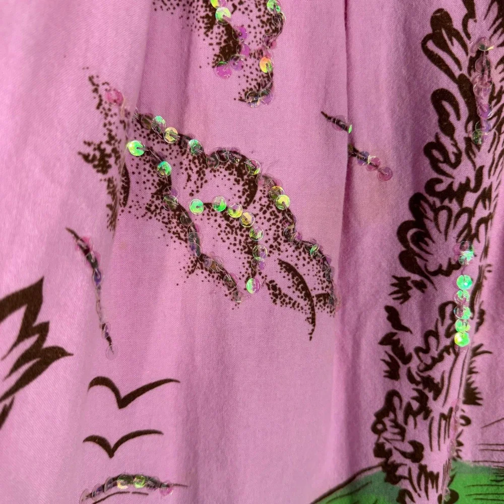 Vtg Y2K Bisou Bisou Michele Bohbot Sequin Landscape Print Skirt Pink 12 Tropical